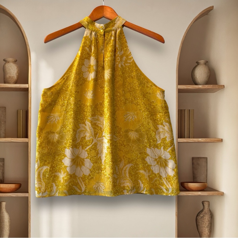 cupcakes & cashmere Mustard Yellow Floral Halter Blouse Size L NWT - Picture 2 of 2